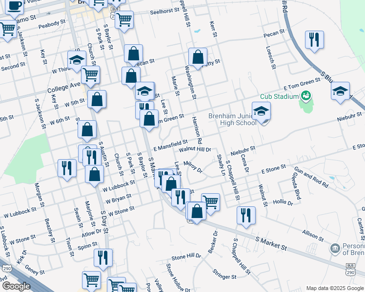 map of restaurants, bars, coffee shops, grocery stores, and more near 507 Walnut Hill Drive in Brenham