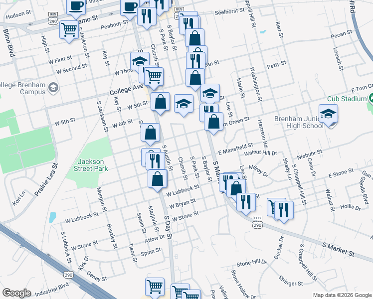 map of restaurants, bars, coffee shops, grocery stores, and more near 104 East Valverde Street in Brenham