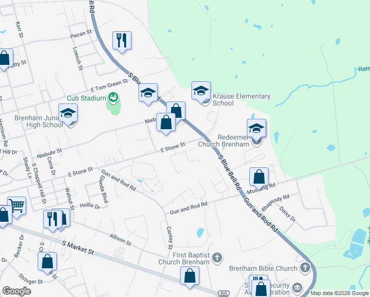 map of restaurants, bars, coffee shops, grocery stores, and more near 2107 East Stone Street in Brenham