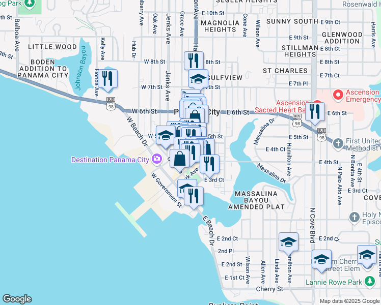 map of restaurants, bars, coffee shops, grocery stores, and more near 437 Harrison Avenue in Panama City