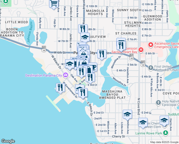 map of restaurants, bars, coffee shops, grocery stores, and more near 421 Magnolia Avenue in Panama City