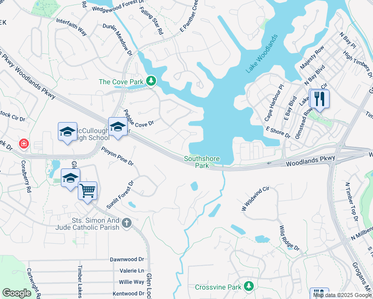 map of restaurants, bars, coffee shops, grocery stores, and more near 6 East Racing Cloud Court in Spring