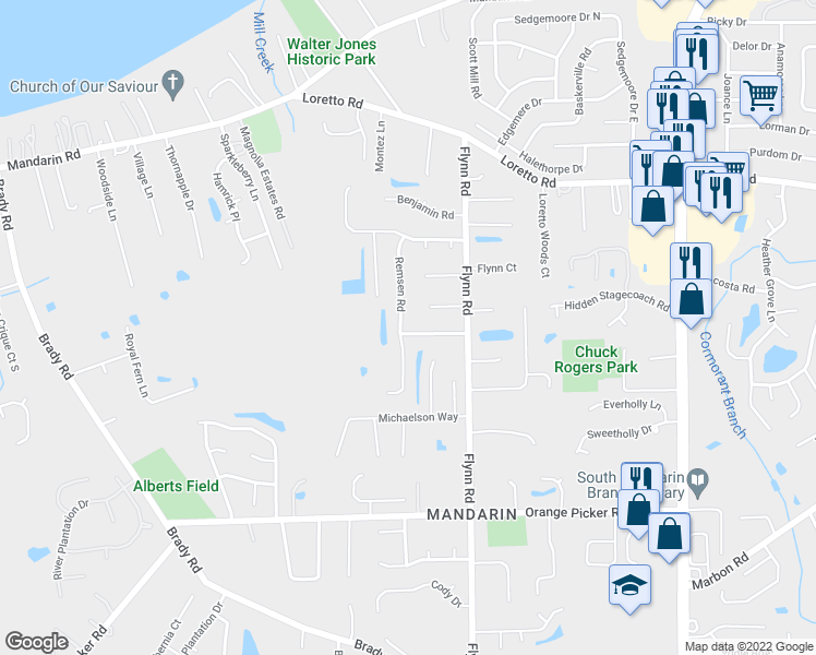 map of restaurants, bars, coffee shops, grocery stores, and more near 11899 Remsen Road in Jacksonville