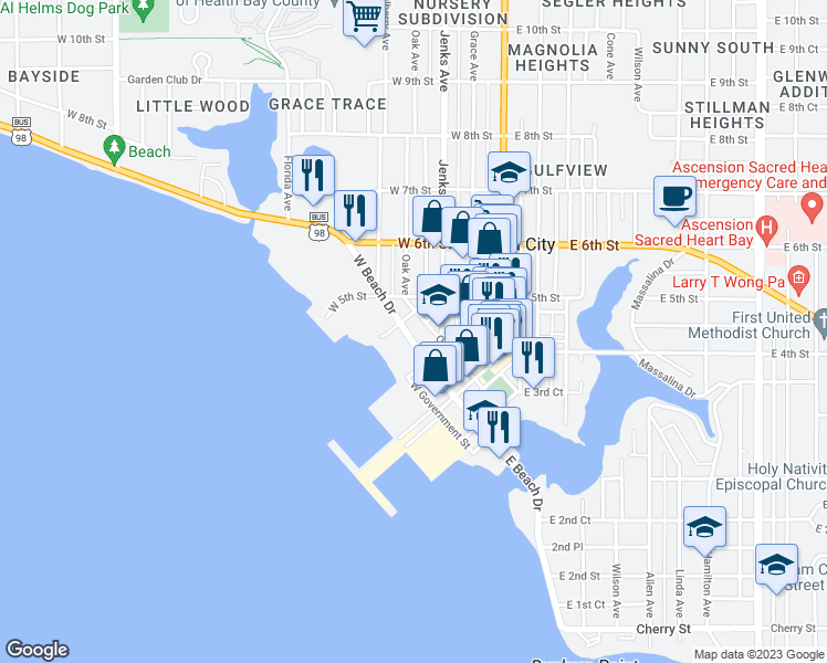 map of restaurants, bars, coffee shops, grocery stores, and more near 324 West Beach Drive in Panama City