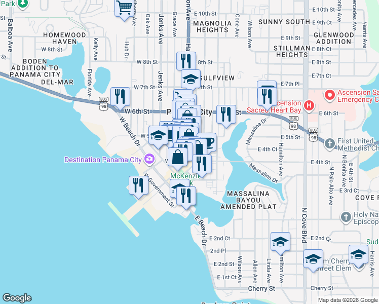 map of restaurants, bars, coffee shops, grocery stores, and more near 437 Harrison Avenue in Panama City