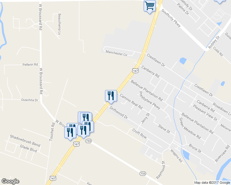 map of restaurants, bars, coffee shops, grocery stores, and more near 6500 Johnston Street in Lafayette