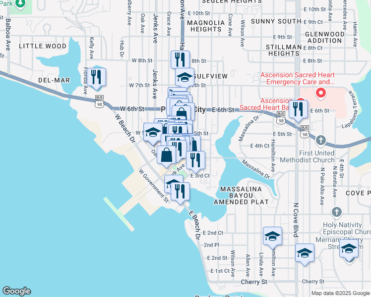 map of restaurants, bars, coffee shops, grocery stores, and more near 437 Harrison Avenue in Panama City