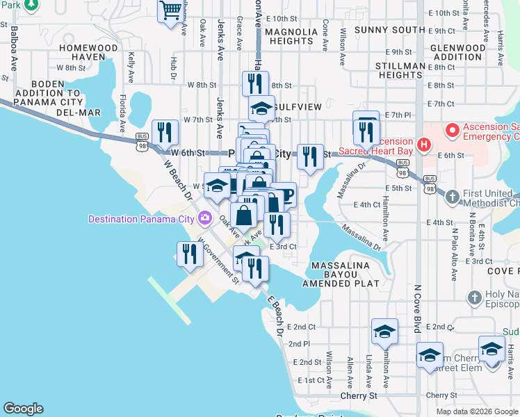 map of restaurants, bars, coffee shops, grocery stores, and more near 437 Harrison Avenue in Panama City
