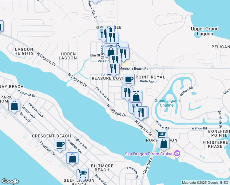 map of restaurants, bars, coffee shops, grocery stores, and more near 6214 Orange Plaza in Panama City Beach