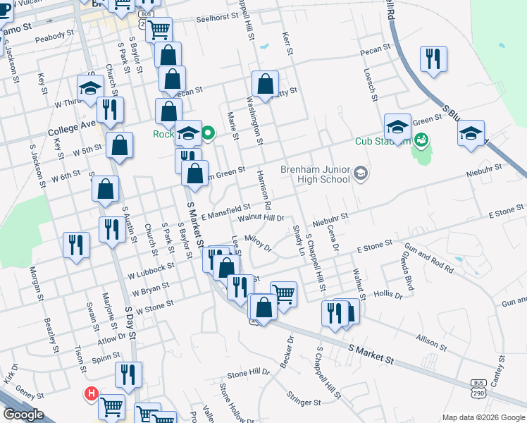 map of restaurants, bars, coffee shops, grocery stores, and more near 1602 Harrison Road in Brenham