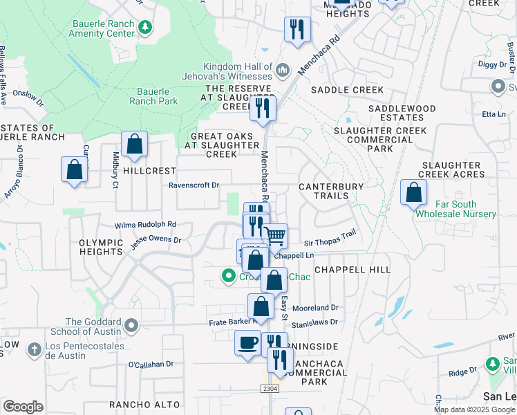map of restaurants, bars, coffee shops, grocery stores, and more near 11330 Menchaca Road in Austin