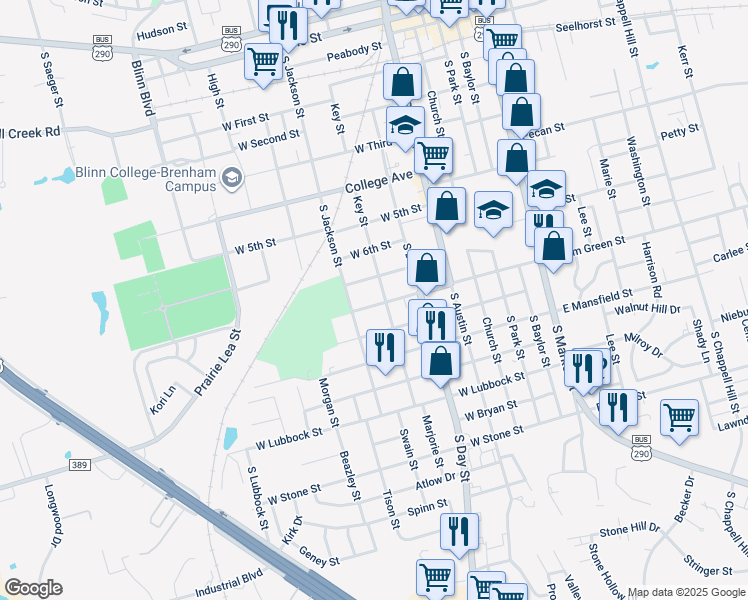 map of restaurants, bars, coffee shops, grocery stores, and more near 502 West Tom Green Street in Brenham