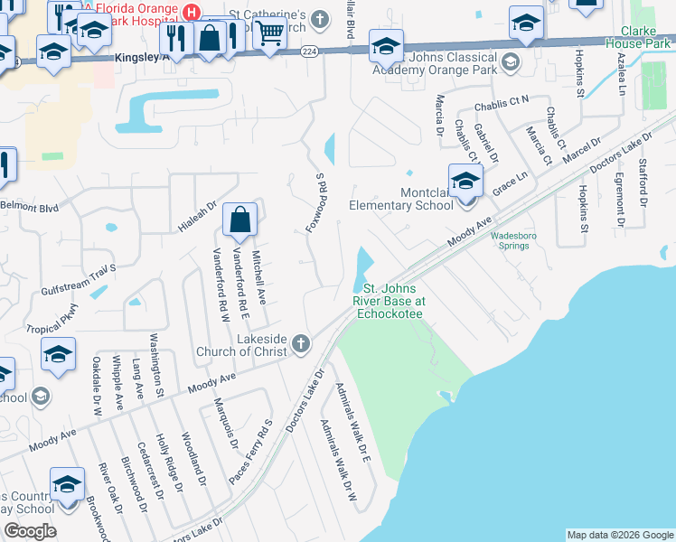 map of restaurants, bars, coffee shops, grocery stores, and more near 2628 Sigma Court in Orange Park