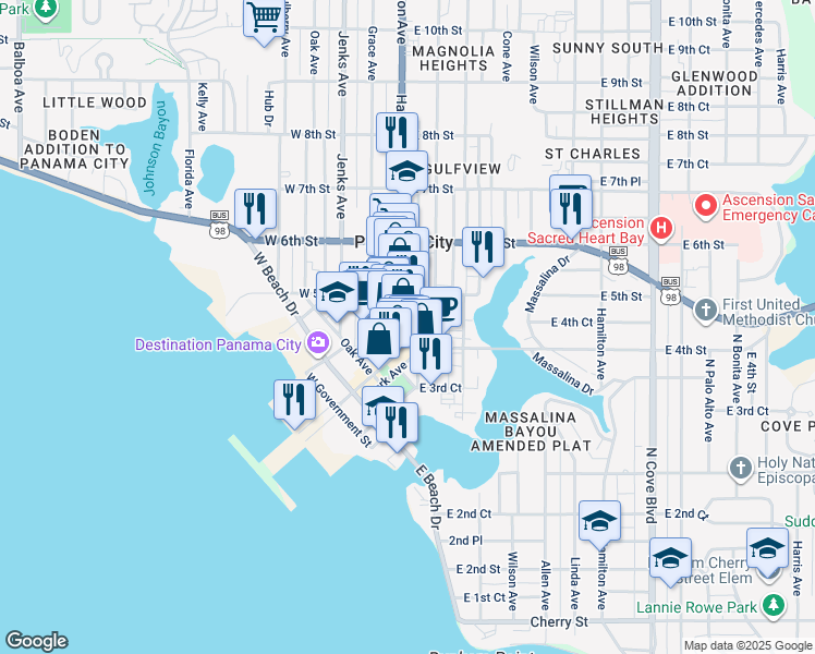 map of restaurants, bars, coffee shops, grocery stores, and more near 437 Harrison Avenue in Panama City