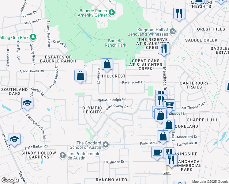 map of restaurants, bars, coffee shops, grocery stores, and more near 2549 Lavendale Court in Austin