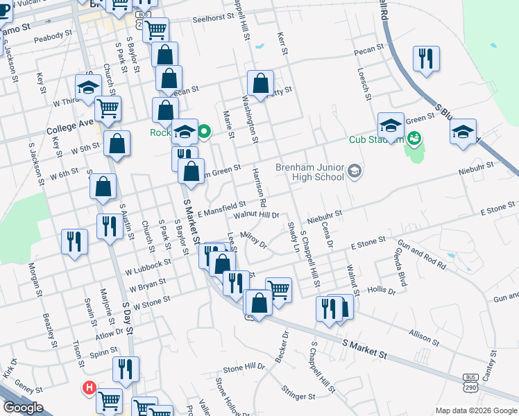 map of restaurants, bars, coffee shops, grocery stores, and more near 1602 Harrison Road in Brenham