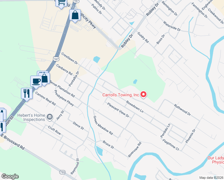 map of restaurants, bars, coffee shops, grocery stores, and more near 713 Rosedown Ln in Lafayette