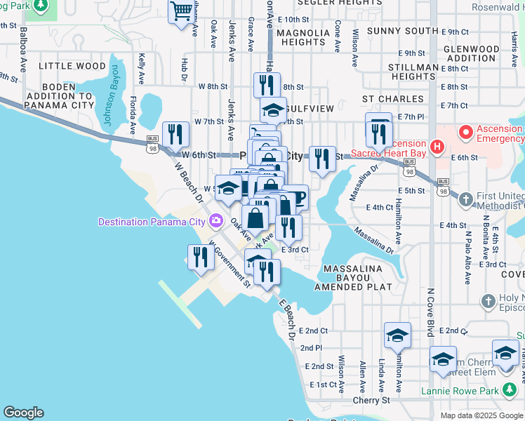 map of restaurants, bars, coffee shops, grocery stores, and more near 437 Harrison Avenue in Panama City