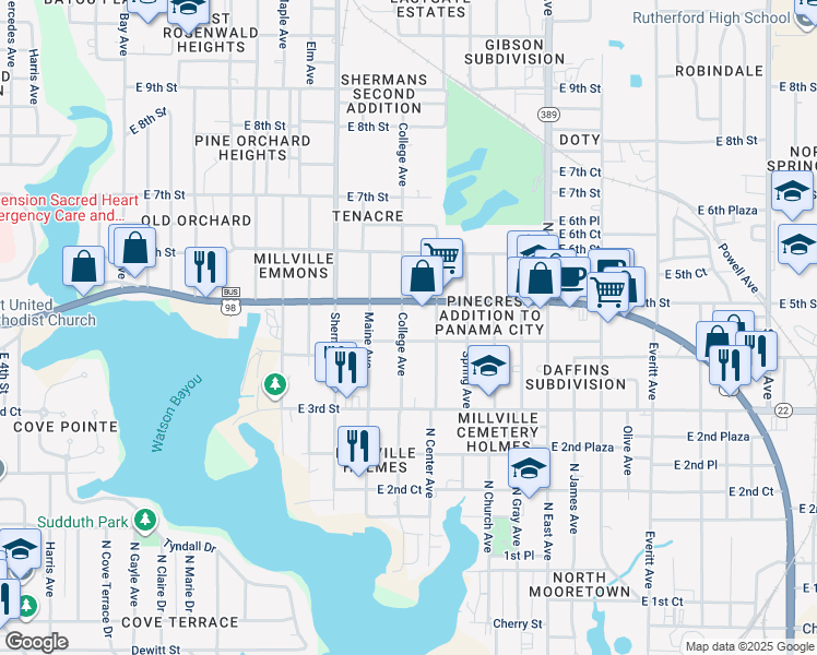 map of restaurants, bars, coffee shops, grocery stores, and more near 404 College Avenue in Panama City
