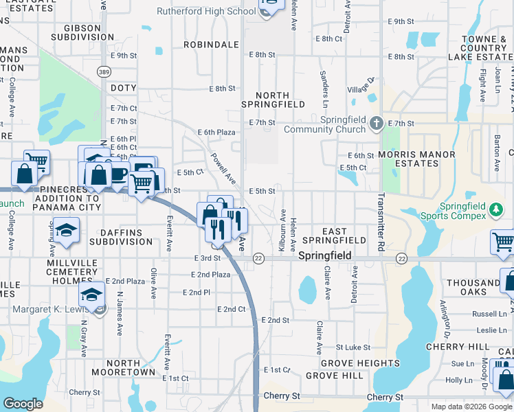 map of restaurants, bars, coffee shops, grocery stores, and more near 3521 East 4th Street in Panama City