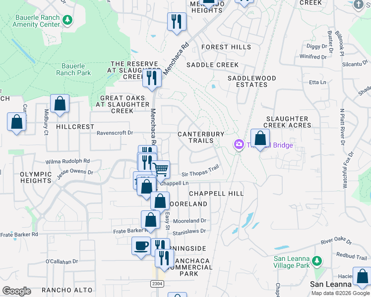 map of restaurants, bars, coffee shops, grocery stores, and more near 11317 Canterbury Tales Lane in Austin