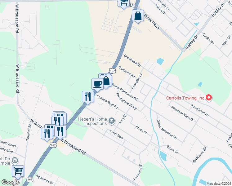 map of restaurants, bars, coffee shops, grocery stores, and more near 104 Albania Court in Lafayette