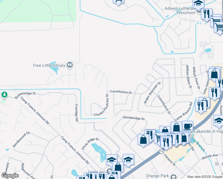 map of restaurants, bars, coffee shops, grocery stores, and more near 630 Constitution Drive in Orange Park