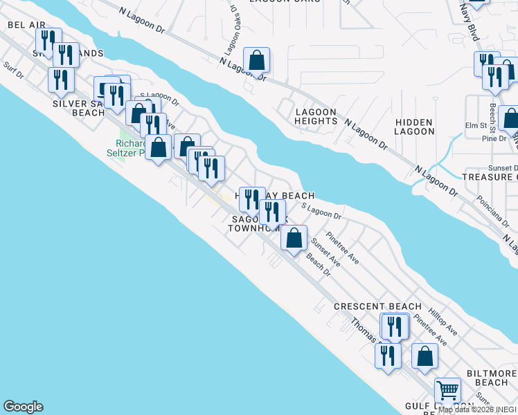 map of restaurants, bars, coffee shops, grocery stores, and more near 6732 Beach Drive in Panama City Beach