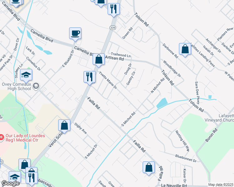 map of restaurants, bars, coffee shops, grocery stores, and more near 102 Kirk Dale Circle in Lafayette