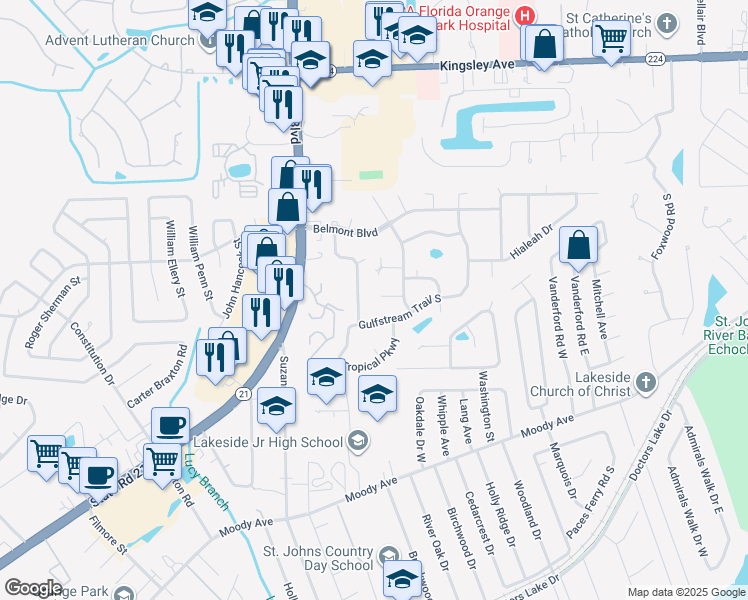 map of restaurants, bars, coffee shops, grocery stores, and more near 2067 Pimlico Place in Orange Park
