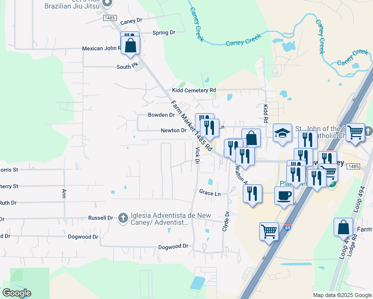 map of restaurants, bars, coffee shops, grocery stores, and more near 20115 Ruby Lane in New Caney