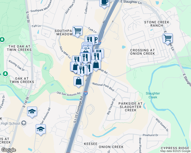 map of restaurants, bars, coffee shops, grocery stores, and more near 10045 South Interstate 35 Frontage Road in Austin