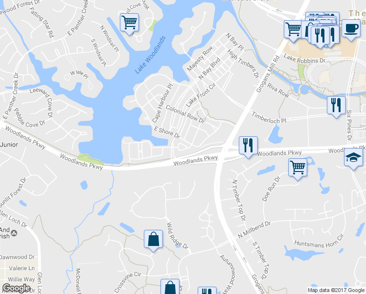 map of restaurants, bars, coffee shops, grocery stores, and more near 99 Gateway Park Place in Spring