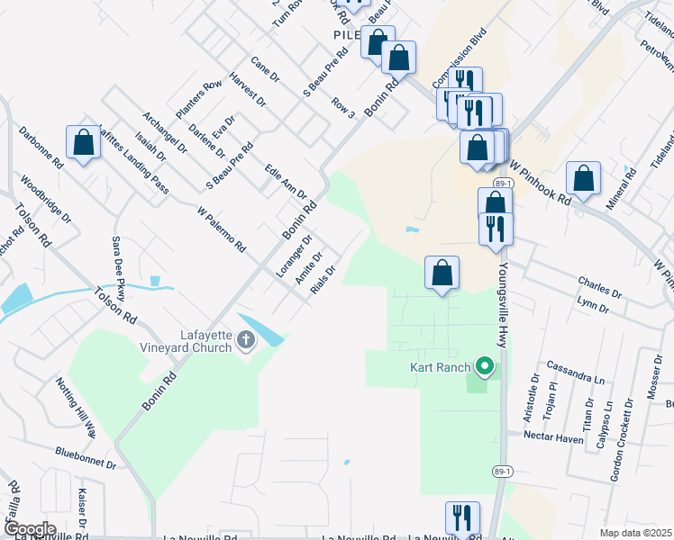 map of restaurants, bars, coffee shops, grocery stores, and more near 213 Rials Drive in Lafayette