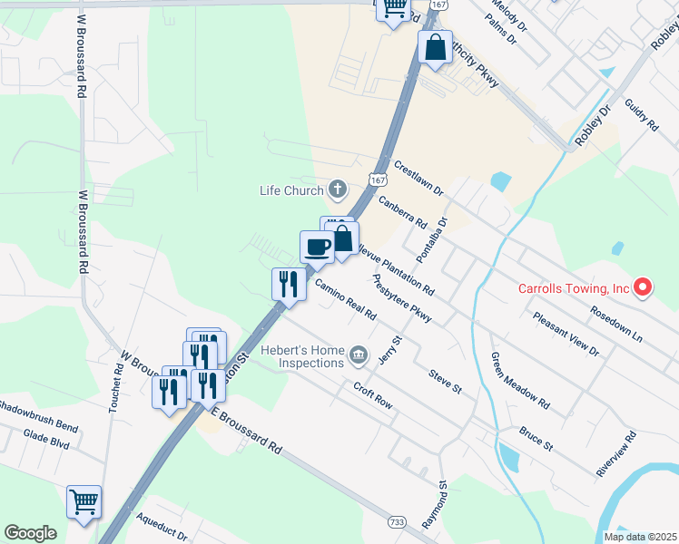 map of restaurants, bars, coffee shops, grocery stores, and more near 101 Camino Real Road in Lafayette