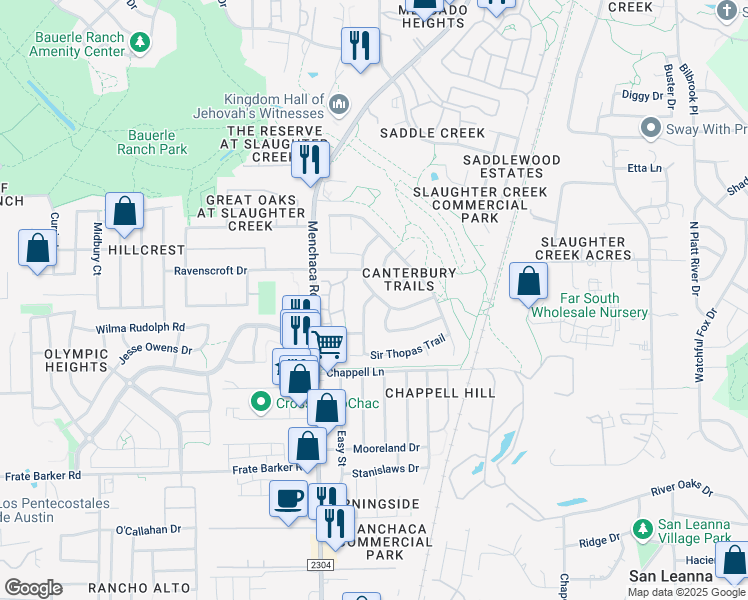 map of restaurants, bars, coffee shops, grocery stores, and more near 11216 Pardoners Tale Lane in Austin
