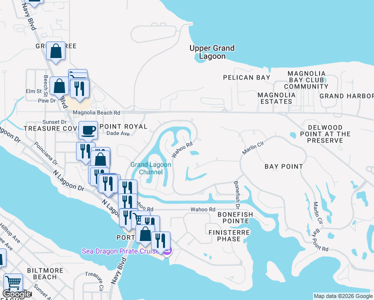 map of restaurants, bars, coffee shops, grocery stores, and more near 374 Wahoo Road in Panama City Beach