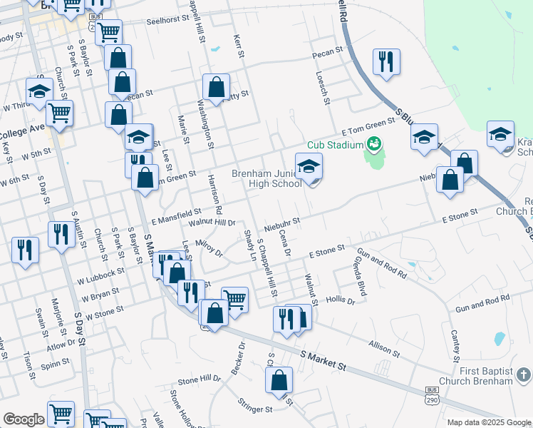 map of restaurants, bars, coffee shops, grocery stores, and more near 1701 Ruth Circle in Brenham