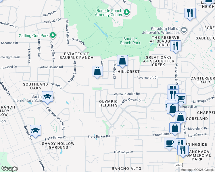map of restaurants, bars, coffee shops, grocery stores, and more near 2505 Lark Glen Lane in Austin