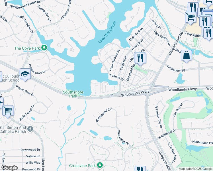 map of restaurants, bars, coffee shops, grocery stores, and more near 39 East Breezy Way in The Woodlands