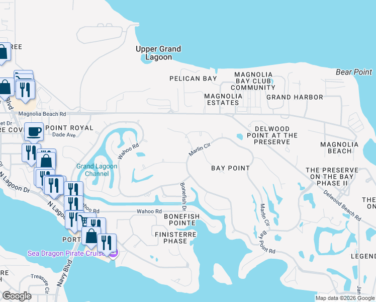 map of restaurants, bars, coffee shops, grocery stores, and more near 194 Marlin Circle in Panama City