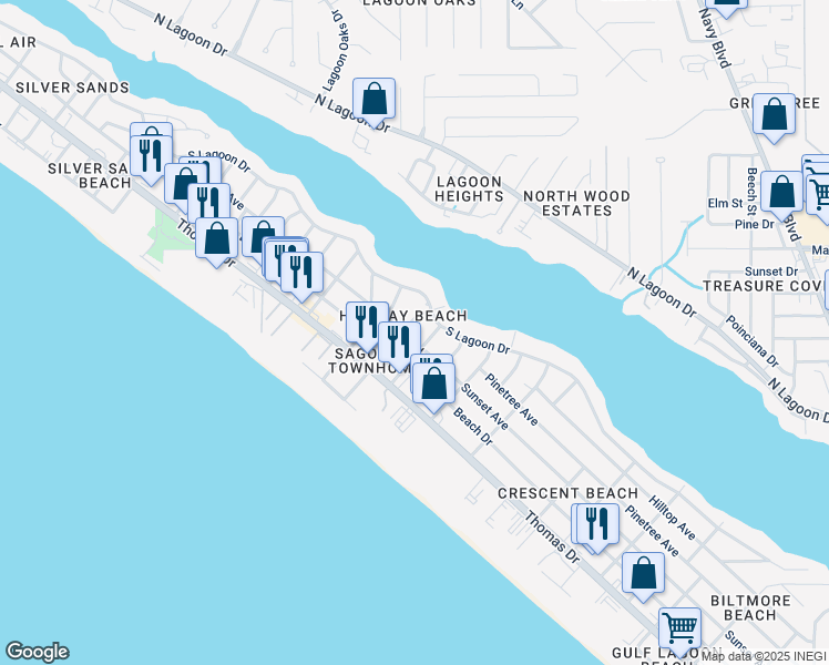 map of restaurants, bars, coffee shops, grocery stores, and more near 6712 Sunset Avenue in Panama City