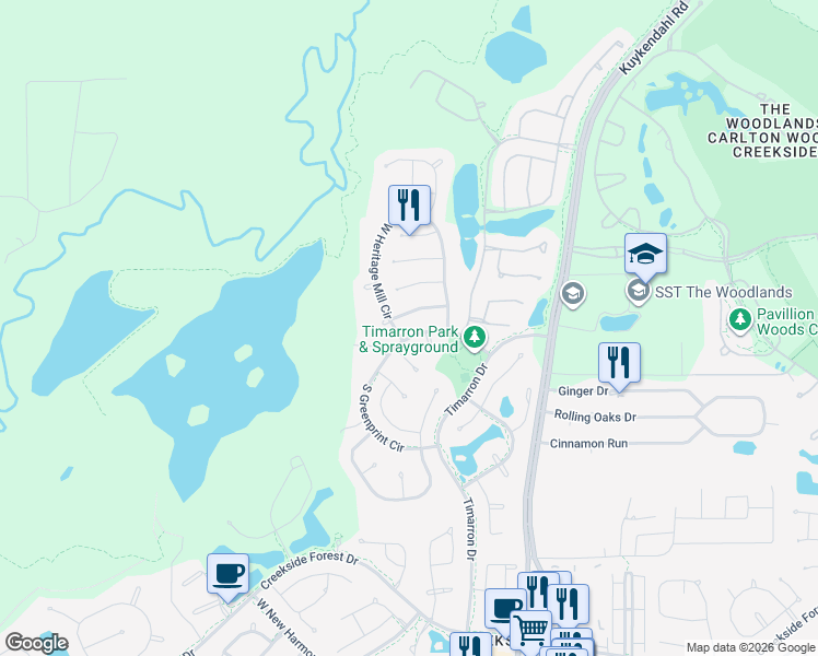 map of restaurants, bars, coffee shops, grocery stores, and more near 119 North Greenprint Circle in Tomball