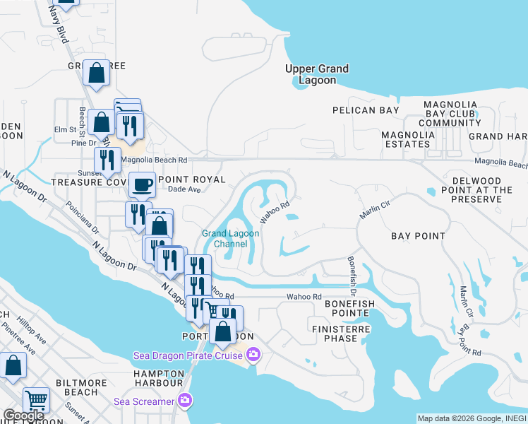 map of restaurants, bars, coffee shops, grocery stores, and more near 1602 Wahoo Lane in Panama City Beach
