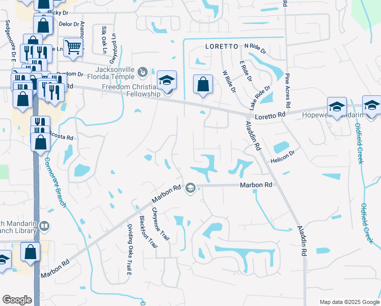 map of restaurants, bars, coffee shops, grocery stores, and more near 11920 Marabou Court South in Jacksonville