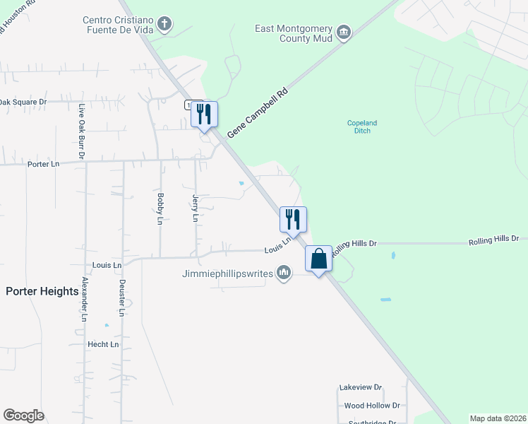 map of restaurants, bars, coffee shops, grocery stores, and more near 20288 Farm to Market Road 1314 in Porter