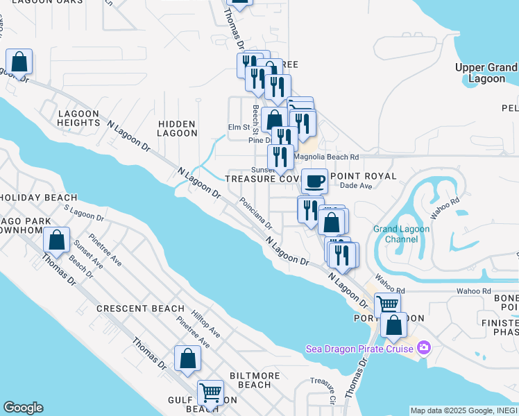 map of restaurants, bars, coffee shops, grocery stores, and more near 2701 Beech Street in Panama City