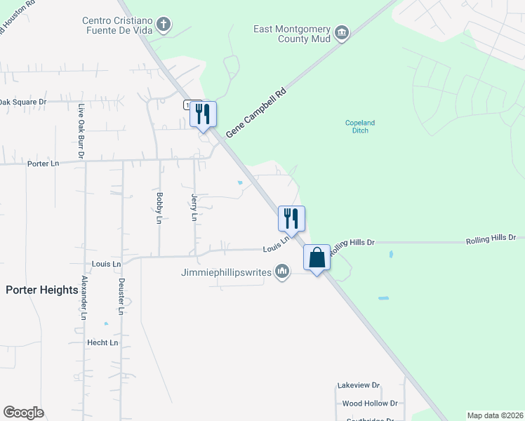 map of restaurants, bars, coffee shops, grocery stores, and more near 20288 Farm to Market Road 1314 in Porter