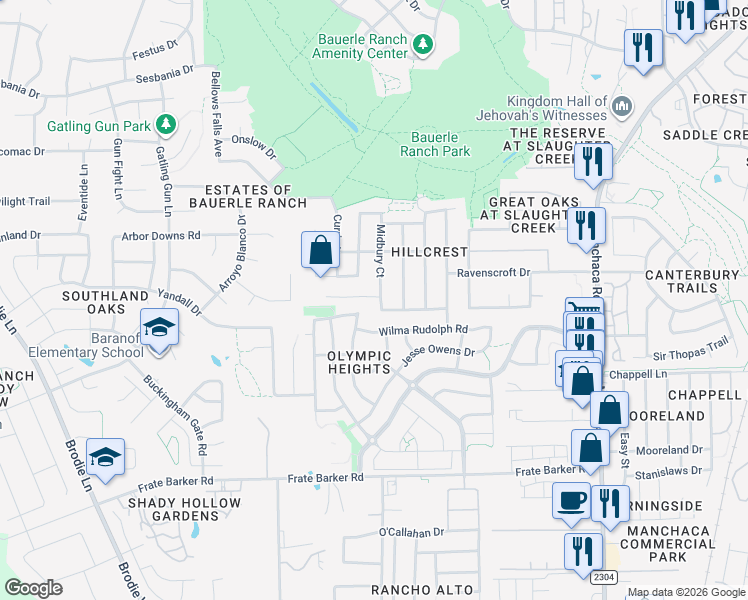 map of restaurants, bars, coffee shops, grocery stores, and more near 2505 Lark Glen Lane in Austin