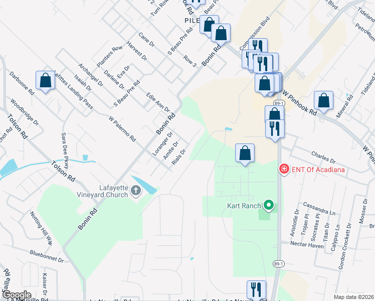 map of restaurants, bars, coffee shops, grocery stores, and more near 214 Rials Drive in Lafayette